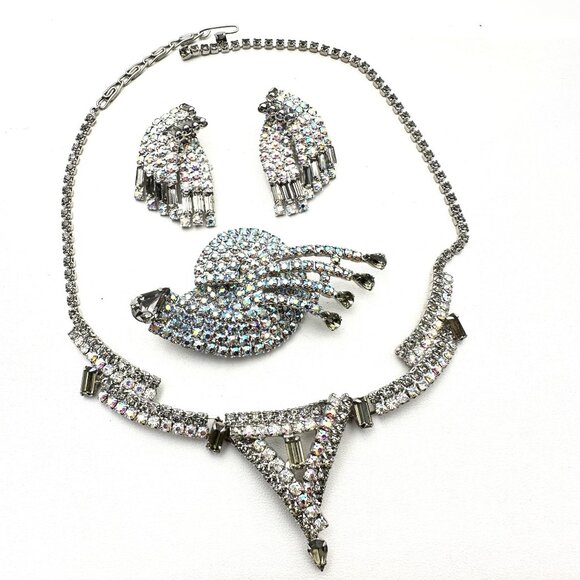 Vintage Aurora Borealis Glass Rhinestone Silver Necklace Brooch Earrings Set - Picture 3 of 4